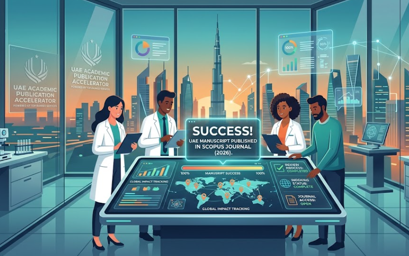 A vector illustration of researchers in a modern UAE lab at dusk celebrating the headline: "Success! UAE Manuscript Published In Scopus Journal (2026)