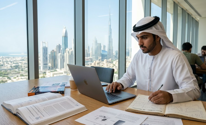 An Emirati student in traditional attire works on a laptop and takes research notes at a desk overlooking the Dubai skyline.