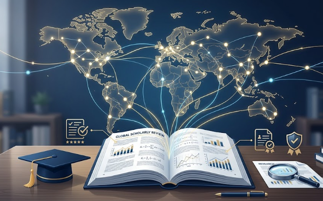 Illustration of an open research journal connected to a global network map with academic excellence icons.
